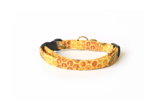 Gold Honeycomb Cat Collar - Golden Yellow Honey Comb with Bees - Breakaway Cat Collar - Handmade by Kira's Pet Shop