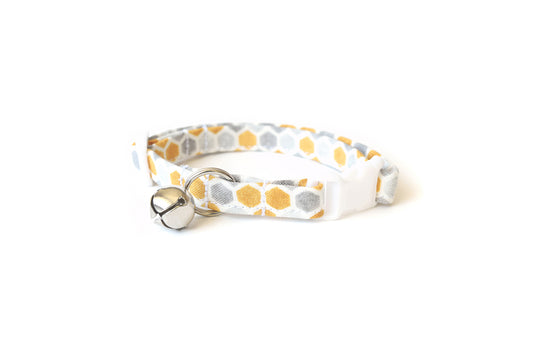 Honeycomb Cat Collar - Gray & Yellow-Gold Hexagons - Breakaway Cat Collar - Handmade by Kira's Pet Shop