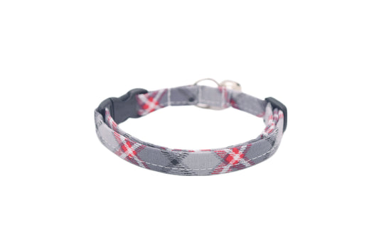 Gray & Red Plaid Breakaway Cat Collar - Gray Plaid Cat Collar - Handmade by Kira's Pet Shop