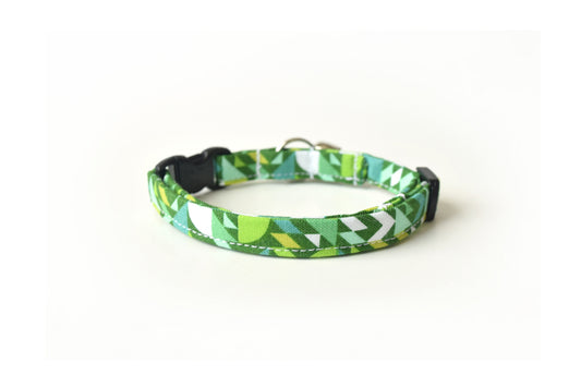 Green Cat Collar - Abstract Green Geometric Pattern - Breakaway Cat Collar - Handmade by Kira's Pet Shop