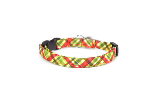 Green & Red Christmas Plaid Cat Collar - Breakaway Cat Collar - Handmade by Kira's Pet Shop