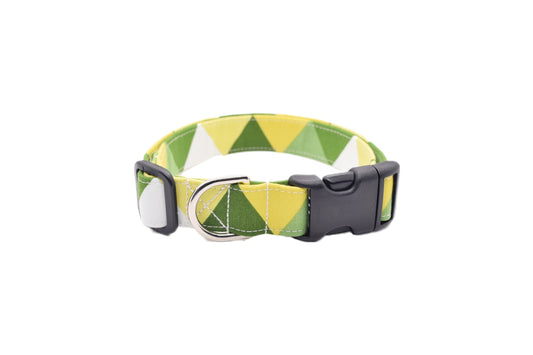Green Geometric Dog Collar - Geometric Green Yellow & White Triangles - Handmade by Kira's Pet Shop