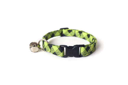 Lime Green & Black Plaid Cat Collar - Lime Green Breakaway Cat Collar - Handmade by Kira's Pet Shop