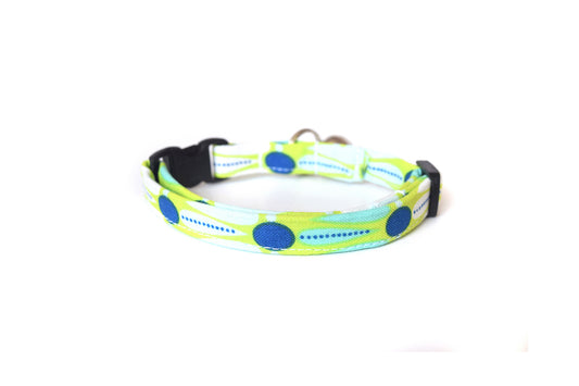 Lime Green Cat Collar - Green with Navy Blue Dots - Breakaway Cat Collar - Handmade by Kira's Pet Shop
