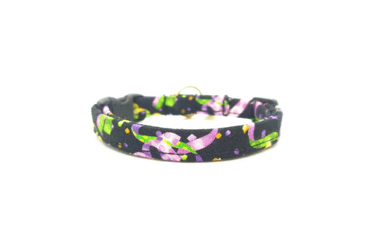 Mardi Gras Cat Collar - Black Cat Collar with Purple, Green & Gold Ribbons - Breakaway Cat Collar - Handmade by Kira's Pet Shop
