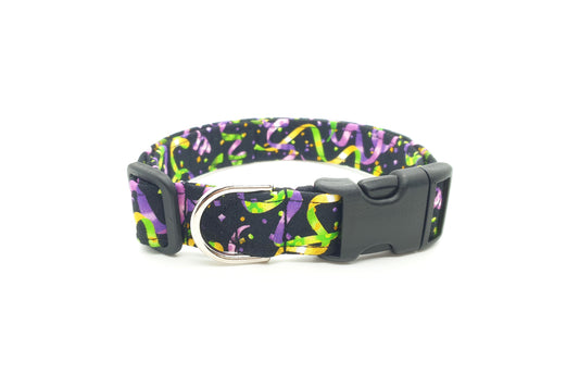 Purple, Gold & Green Mardi Gras Ribbons on Black Dog Collar - Handmade by Kira's Pet Shop