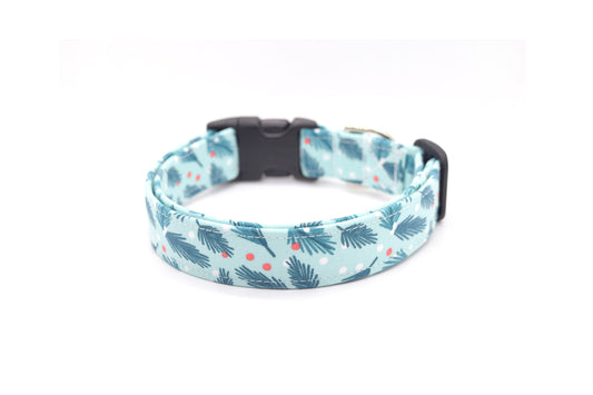 Mint Blue Holly Winter Dog Collar - Handmade by Kira's Pet Shop
