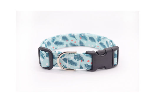 Mint Blue Holly Winter Dog Collar - Handmade by Kira's Pet Shop