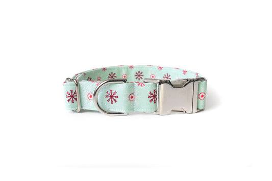 Mint Seafoam Green & Red Snowflakes Winter Dog Collar