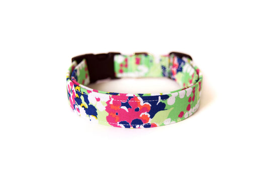 Mottled Green, Magenta Pink, Navy Blue & White Floral Dog Collar - Handmade by Kira's Pet Shop