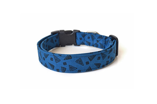 Navy Blue Dog Collar with Retro Black Triangle Design - Handmade by Kira's Pet Shop