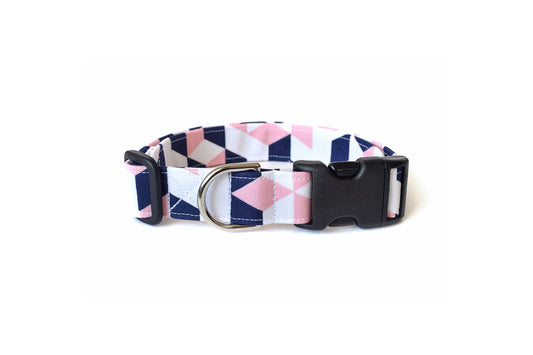 Pale Pink, White & Navy Blue Geometric Dog Collar - Handmade by Kira's Pet Shop