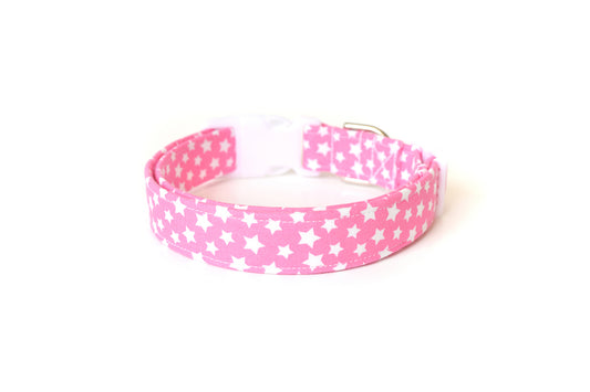 Pink & White Stars Dog Collar - Handmade by Kira's Pet Shop