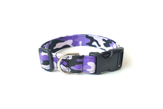Purple & Black Camouflage Dog Collar - Handmade by Kira's Pet Shop