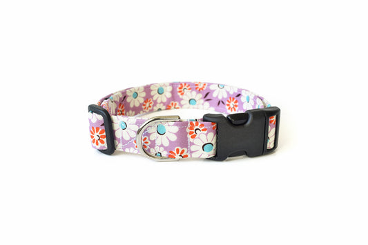 Lavender Purple Floral Dog Collar - Lilac Purple with White & Orange Flowers - Handmade by Kira's Pet Shop