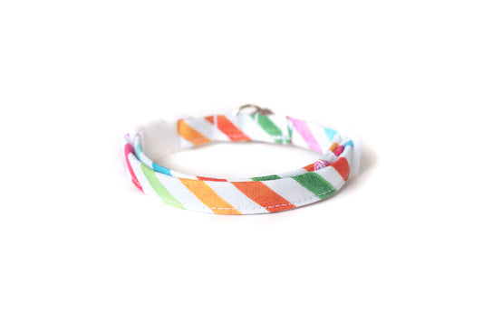 Candy Rainbow Stripe Cat Collar - Colorful Stripes on White - Breakaway Cat Collar - Handmade by Kira's Pet Shop