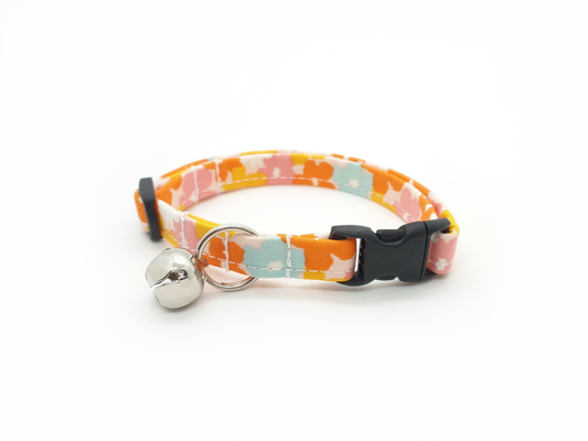 70s Floral Orange Pink Yellow & Blue Breakaway Cat Collar - Handmade by Kira's Pet Shop