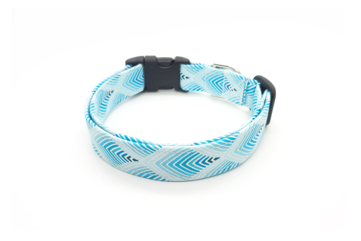 Teal Blue Geometric Feather Pattern Dog Collar - Handmade by Kira's Pet Shop