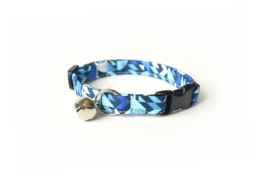 Blue Cat Collar - Abstract Shapes Geometric Breakaway Cat Collar - Handmade by Kira's Pet Shop