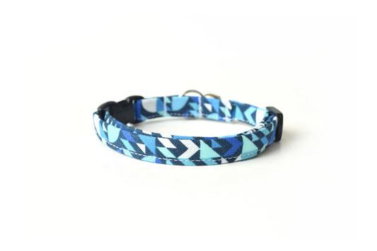 Blue Cat Collar - Abstract Shapes Geometric Breakaway Cat Collar - Handmade by Kira's Pet Shop