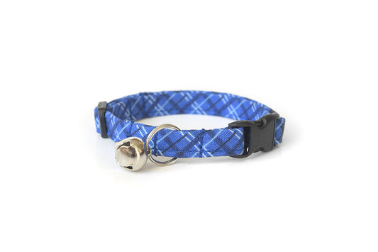 Blue Cat Collar - Blue Plaid Breakaway Cat Collar - Handmade by Kira's Pet Shop