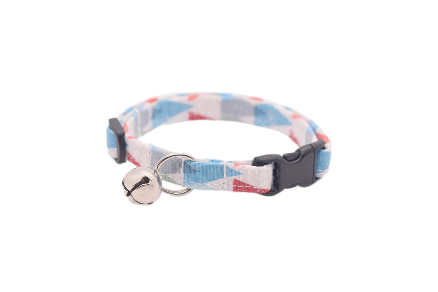 Gray, Blue & Red Geometric Triangles Cat Collar - Breakaway Cat Collar - Handmade by Kira's Pet Shop