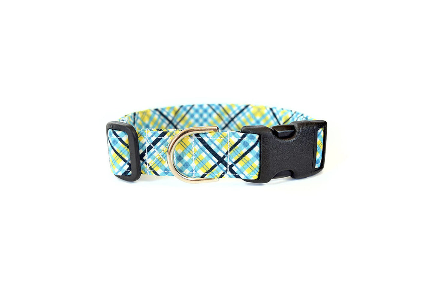 Teal Blue, Yellow & Black Plaid Dog Collar - Handmade by Kira's Pet Shop