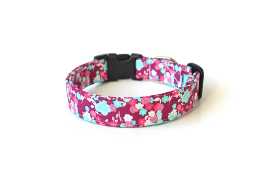 Fuschia Purple, Blue & White Floral Dog Collar - Handmade by Kira's Pet Shop