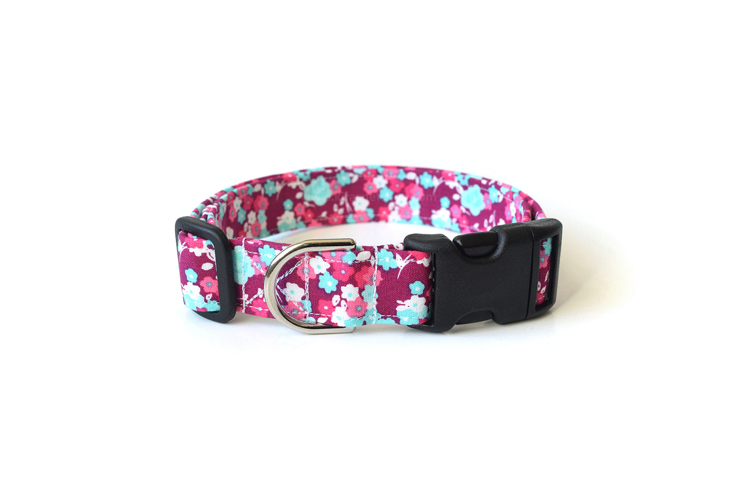 Fuschia Purple, Blue & White Floral Dog Collar - Handmade by Kira's Pet Shop