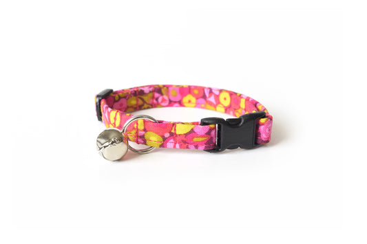 Fuchsia Cat Collar - Hot Pink Fuchsia & Yellow Floral - Breakaway Cat Collar - Handmade by Kira's Pet Shop