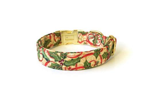 Gold Red & Green Holly Christmas Dog Collar - Handmade by Kira's Pet Shop