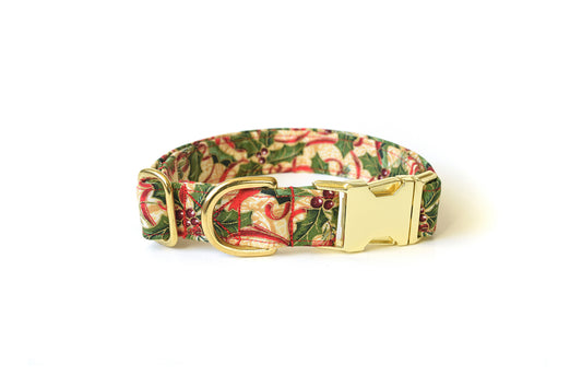 Gold Red & Green Holly Christmas Dog Collar - Handmade by Kira's Pet Shop