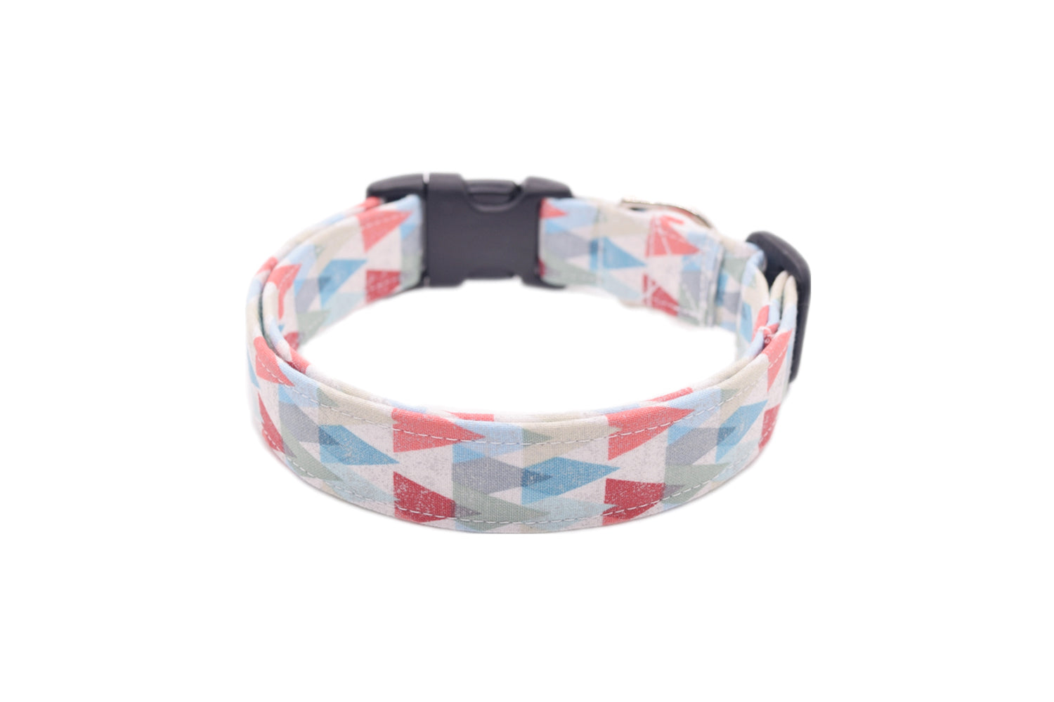 Modern Gray, Blue & Red Geometric Triangles Dog Collar - Handmade by Kira's Pet Shop
