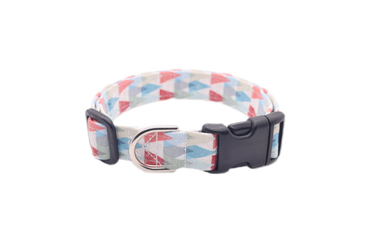 Modern Gray, Blue & Red Geometric Triangles Dog Collar - Handmade by Kira's Pet Shop