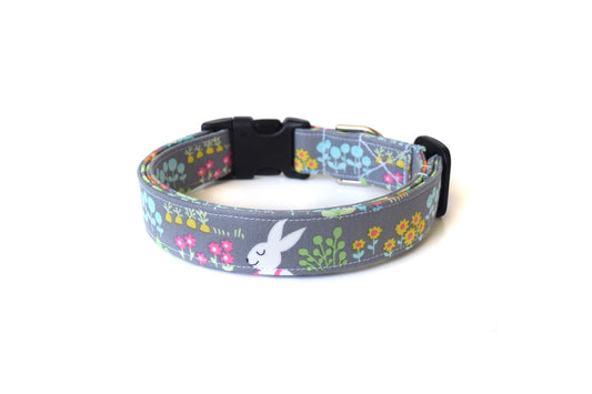 Easter Dog Collar - Easter Bunny with Colorful Flowers on Gray - Handmade by Kira's Pet Shop