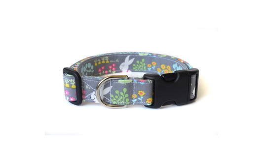 Easter Dog Collar - Easter Bunny with Colorful Flowers on Gray - Handmade by Kira's Pet Shop