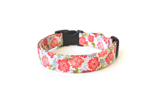 Gray & Pink Hibiscus Floral Dog Collar - Handmade by Kira's Pet Shop