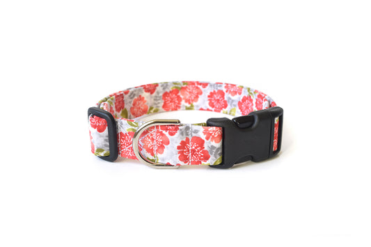 Gray & Pink Hibiscus Floral Dog Collar - Handmade by Kira's Pet Shop