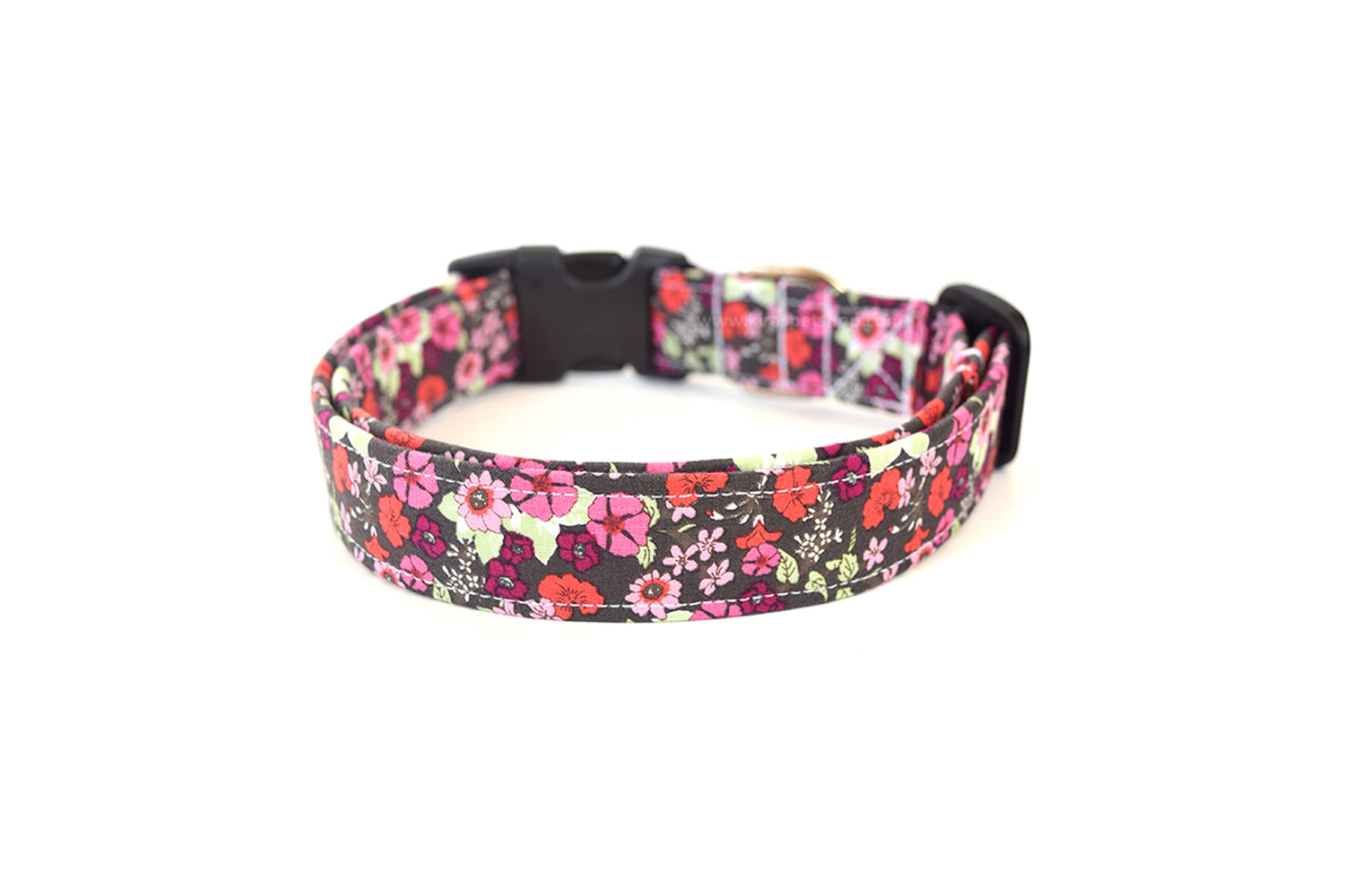 Gray, Red & Pink Floral Dog Collar - Handmade by Kira's Pet Shop