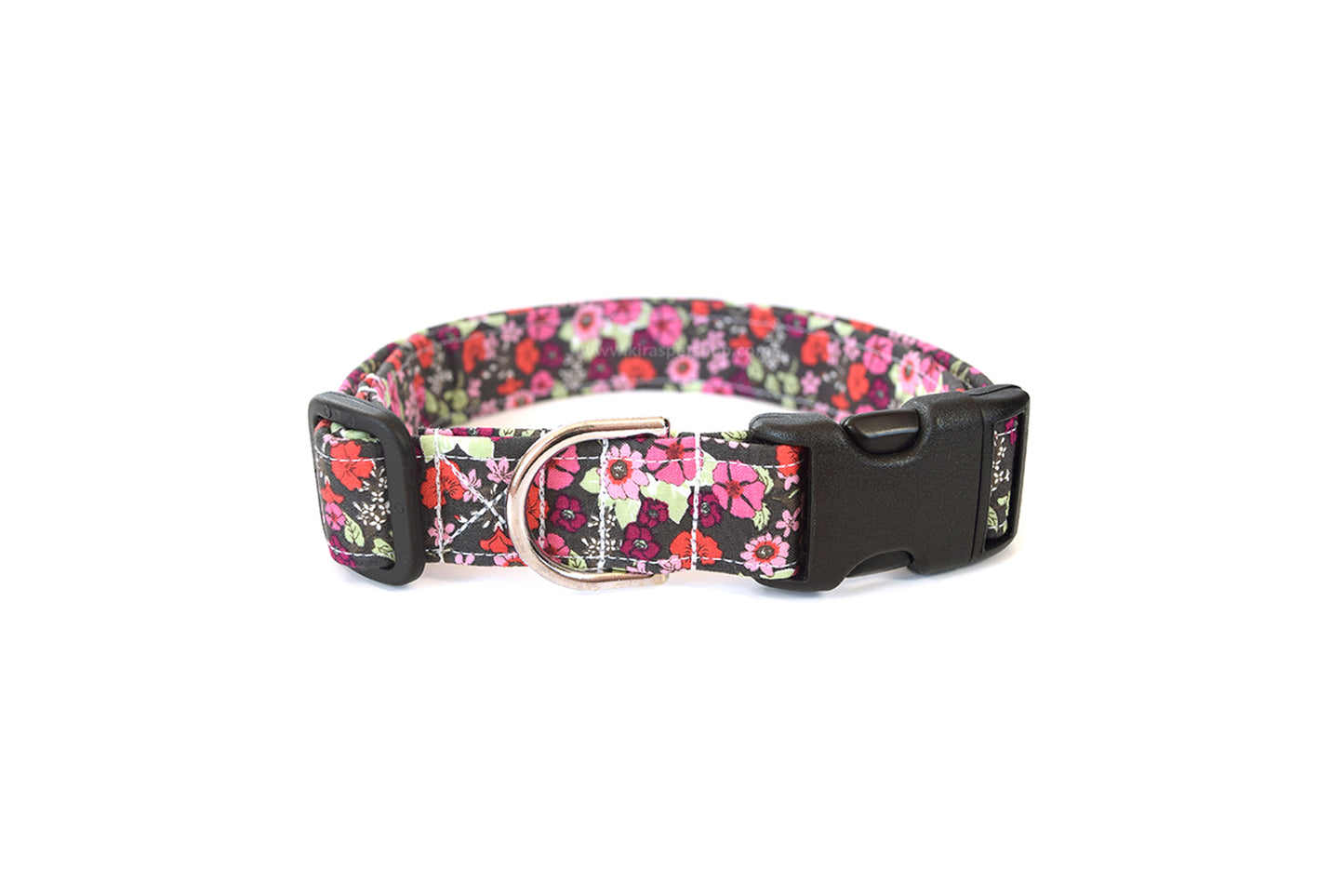 Gray, Red & Pink Floral Dog Collar - Handmade by Kira's Pet Shop