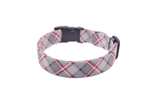 Gray & Red Plaid Dog Collar - Handmade by Kira's Pet Shop