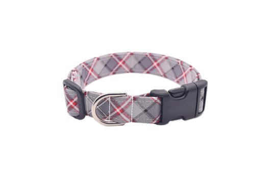 Gray & Red Plaid Dog Collar - Handmade by Kira's Pet Shop