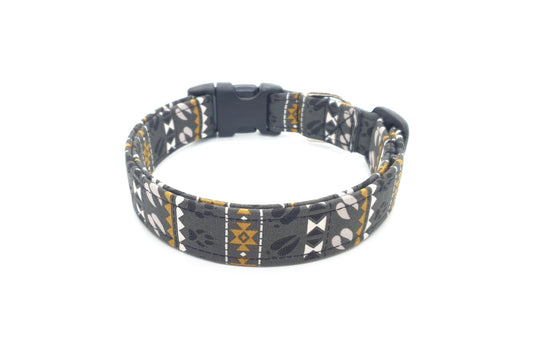 Gray Southwest Tribal Dog Collar with Black, White and Yellow Gold Accents and Animal Tracks - Handmade by Kira's Pet Shop