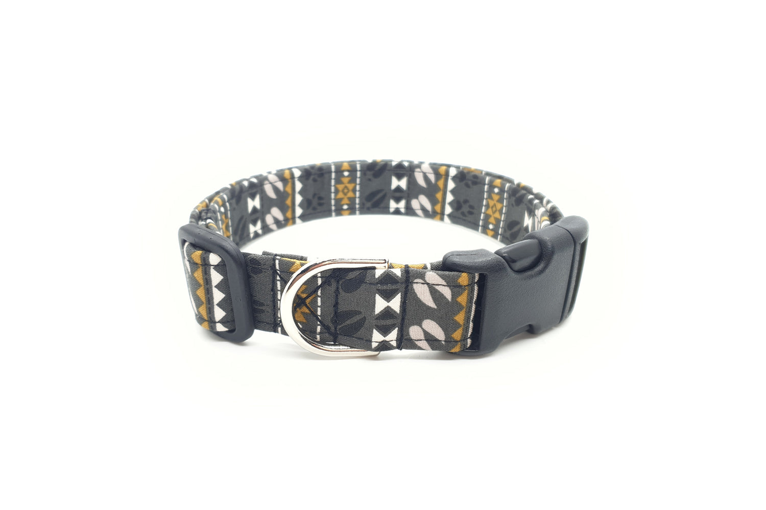 Gray Southwest Tribal Dog Collar with Black, White and Yellow Gold Accents and Animal Tracks - Handmade by Kira's Pet Shop
