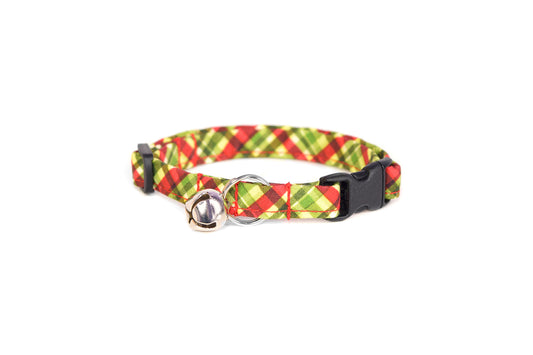 Green & Red Christmas Plaid Cat Collar - Breakaway Cat Collar - Handmade by Kira's Pet Shop