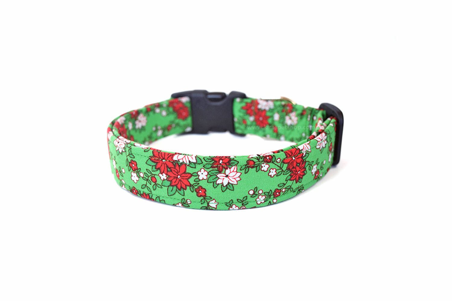 Green & Red Poinsettia Christmas Dog Collar - Handmade by Kira's Pet Shop