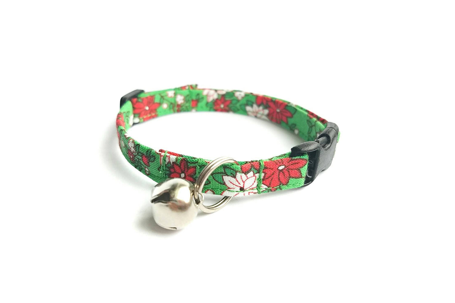 Christmas Cat Collar - Green, Red & White Poinsettia Breakaway Cat Collar - Handmade by Kira's Pet Shop