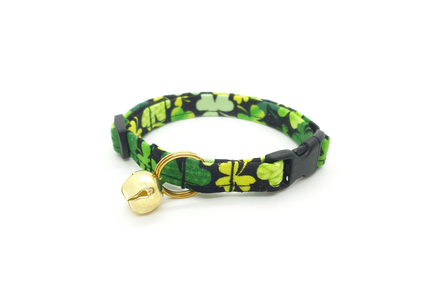 Green Shamrock Cat Collar - St. Patrick's Day Breakaway Cat Collar - Green Clovers on Black - Handmade by Kira's Pet Shop