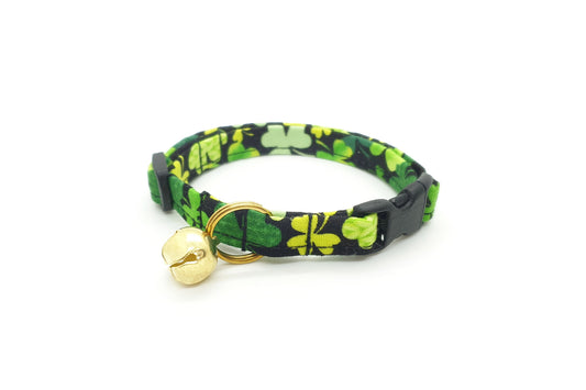Green Shamrock Cat Collar - St. Patrick's Day Breakaway Cat Collar - Green Clovers on Black - Handmade by Kira's Pet Shop