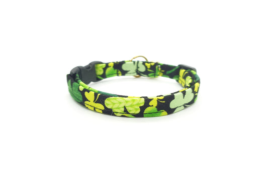 Green Shamrock Cat Collar - St. Patrick's Day Breakaway Cat Collar - Green Clovers on Black - Handmade by Kira's Pet Shop